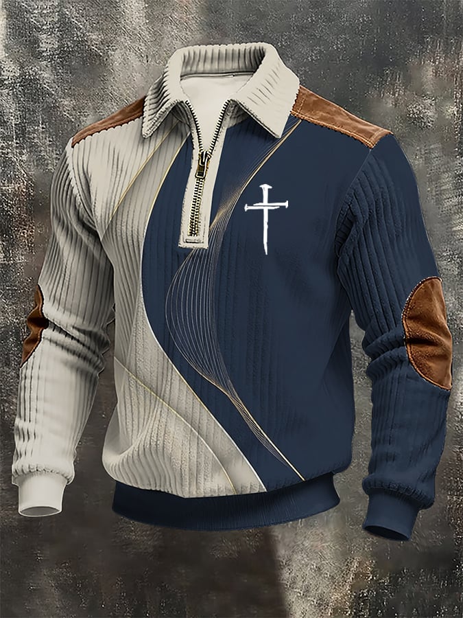 Men's vintage Faith Cross Design Print Casual Zipper Sweatshirt