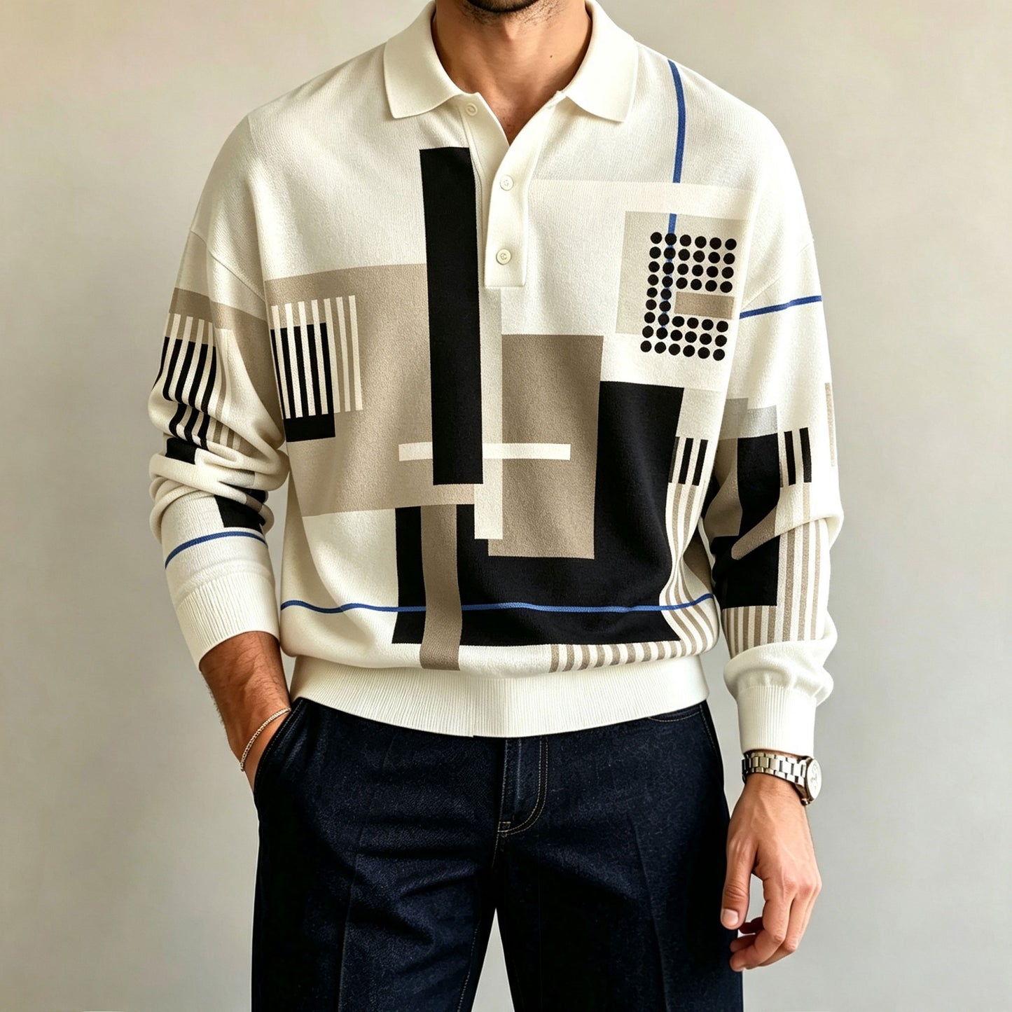 Men's Two-Tone Long-Sleeve Polo Shirt