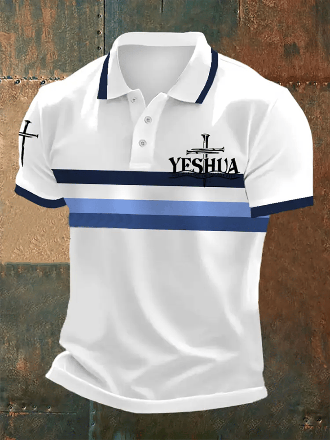 Men's Retro Faith “Yeshua The Way The Truth The Life Stripes�? Casual Printed Polo Shirt