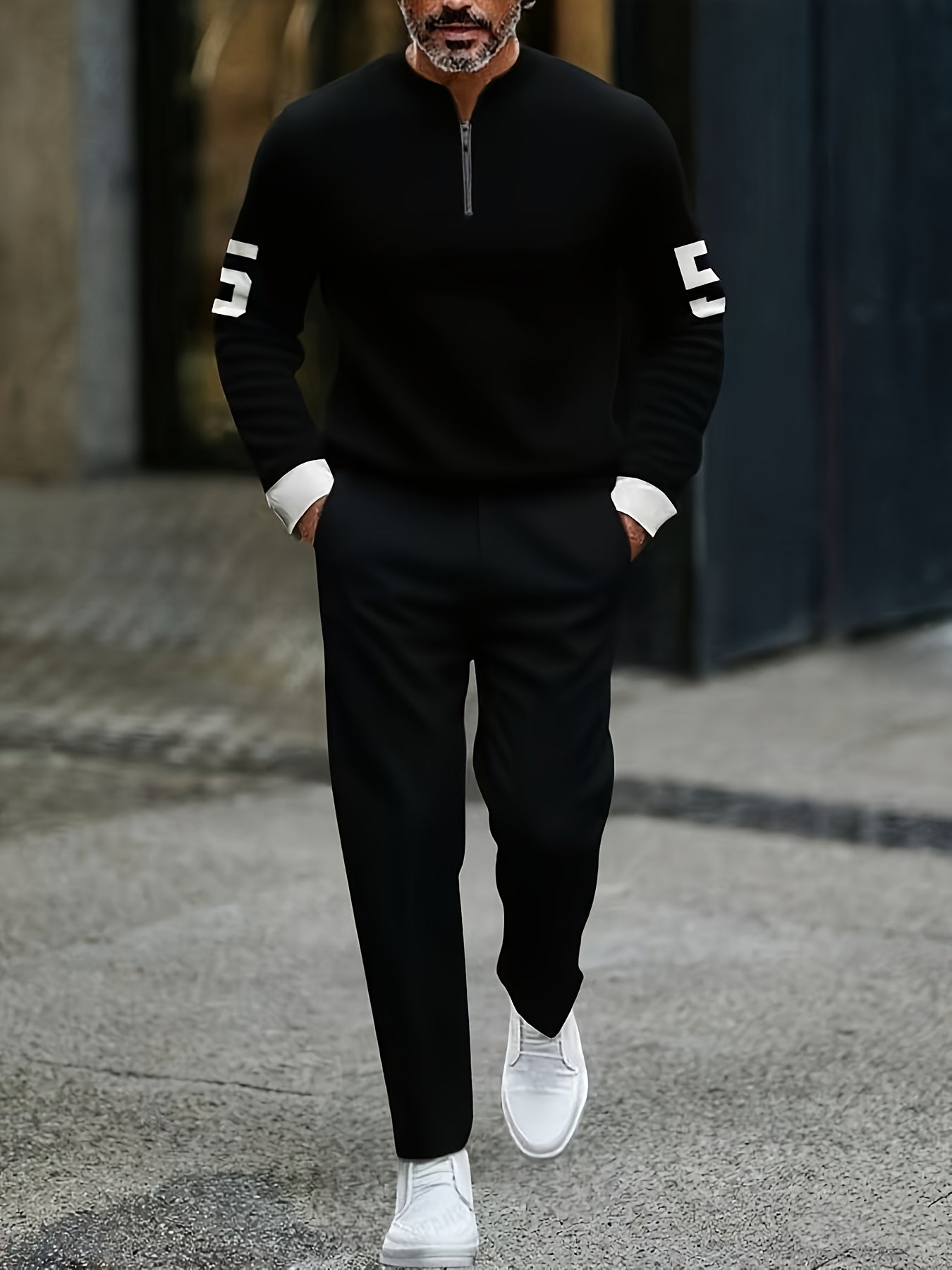 Men's Casual Color Matching Printed Round-Neck Zipper Long Sleeved Trousers Two-Piece Set