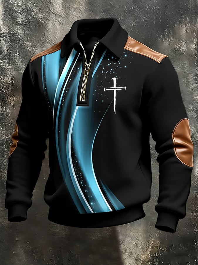 Men's vintage Faith Cross Design Print Casual Zipper Sweatshirt