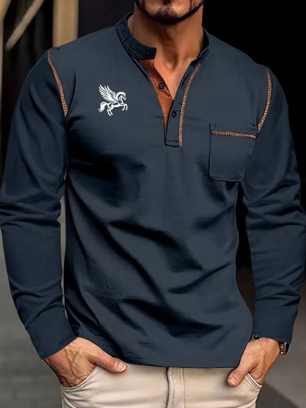 Men's Business Stripe Logo Button-Down Short Sleeve Polo Shirt