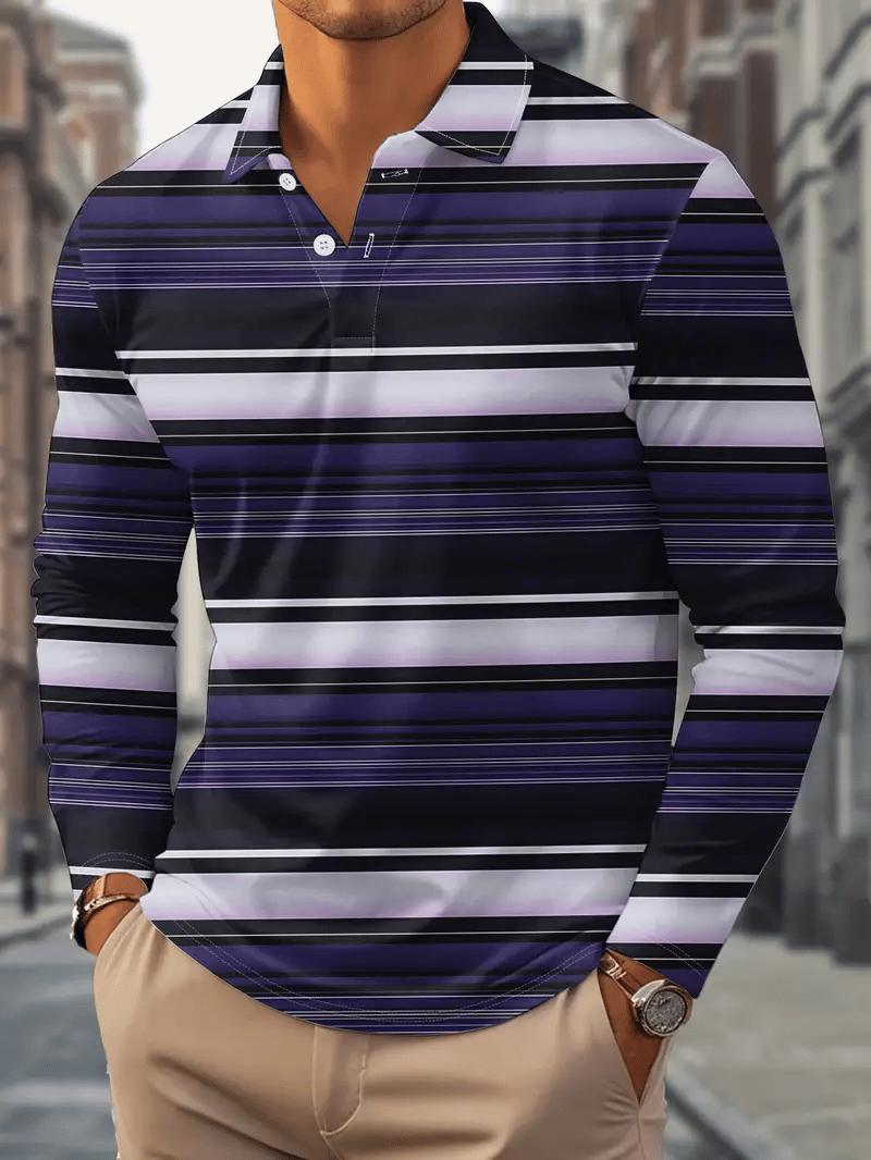 Men's Retro Business Stripe Print Long Sleeve POLO Shirt