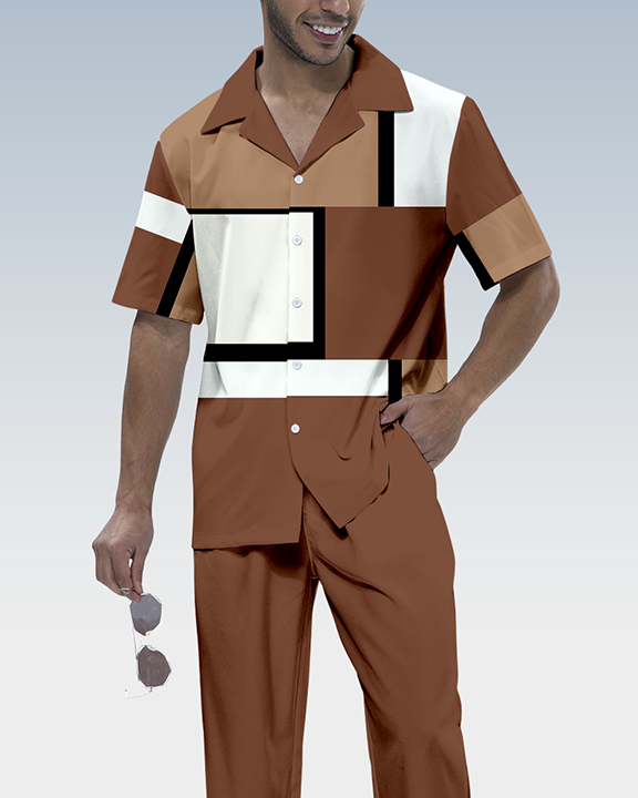Men's retro printed short sleeve shirt walking suit 897