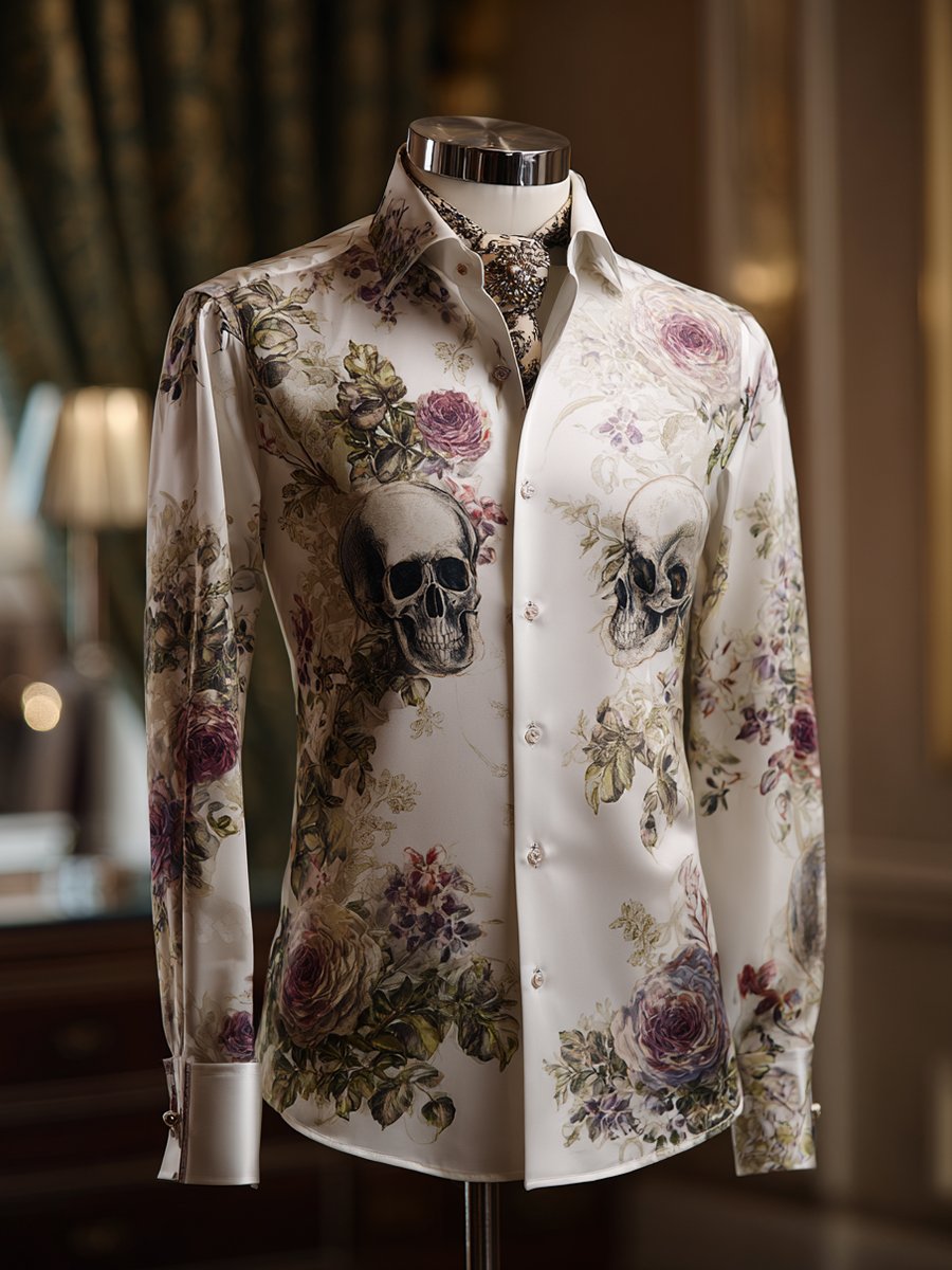 Men's Business Casual Skull Rose Lapel Long Sleeve Shirt