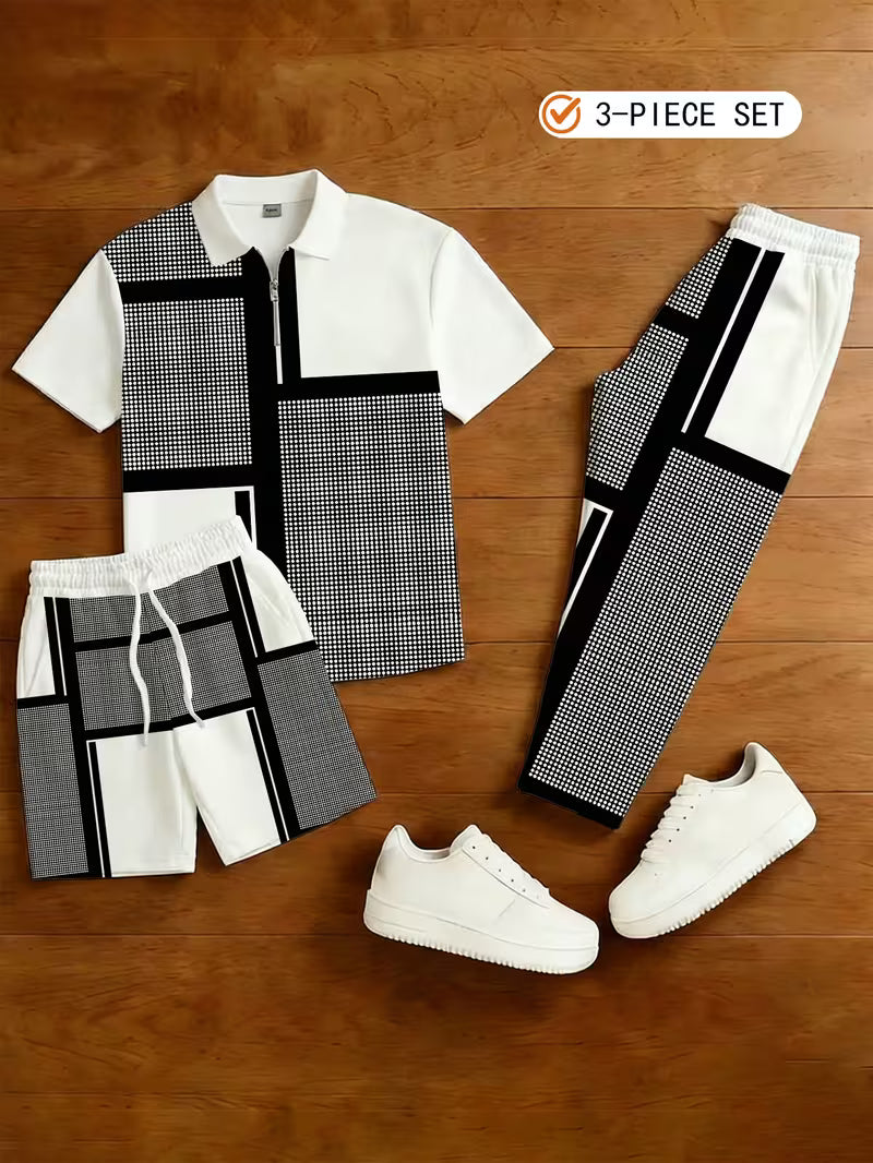 Men's Casual 3-Piece Set Including A Half-Zip Short-Sleeved Shirt, Shorts, And Trousers