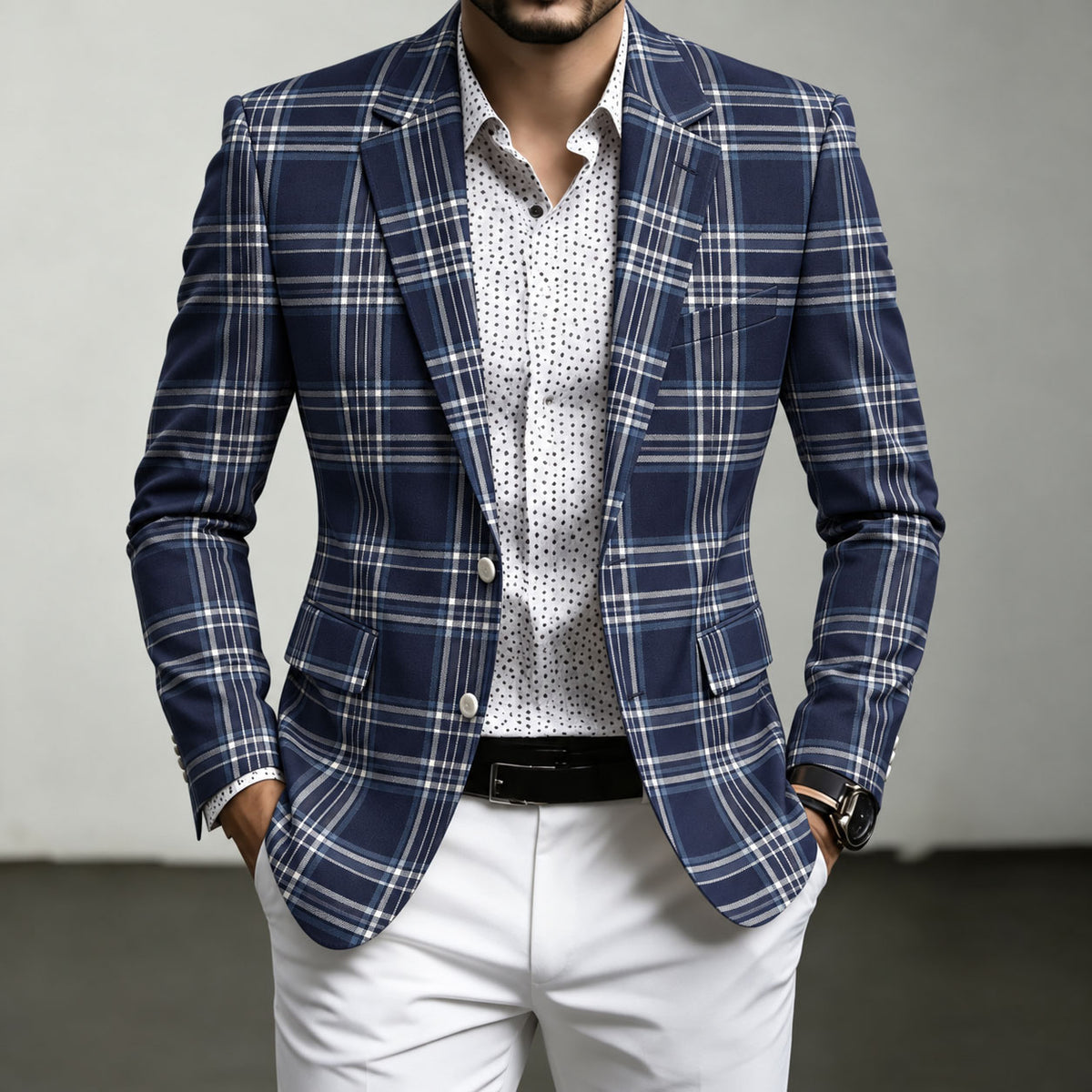 Men's Blue Checkered Casual Blazer