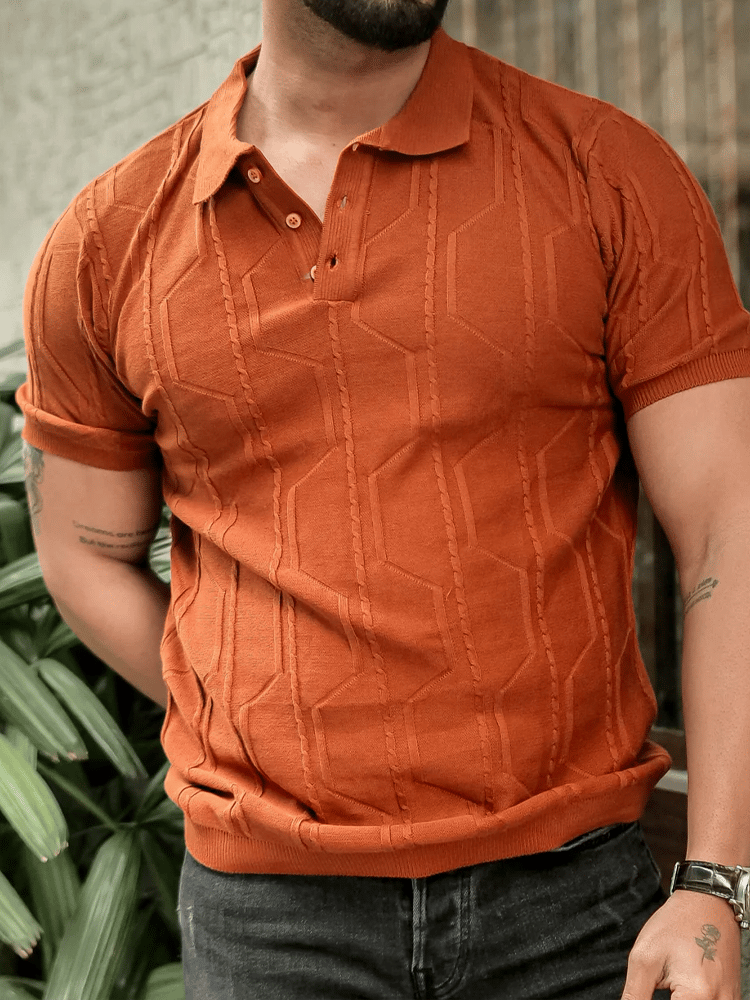Men's Business Stripe Zip-Up Short Sleeve Polo Shirt