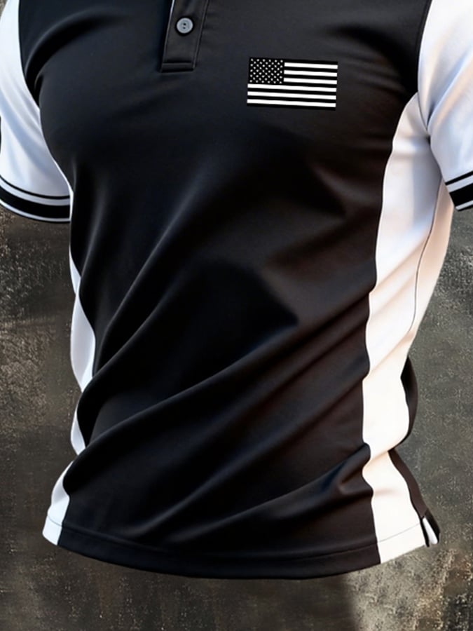 Men's Retro Patriotic Color-Block Short-Sleeve Polo Shirt