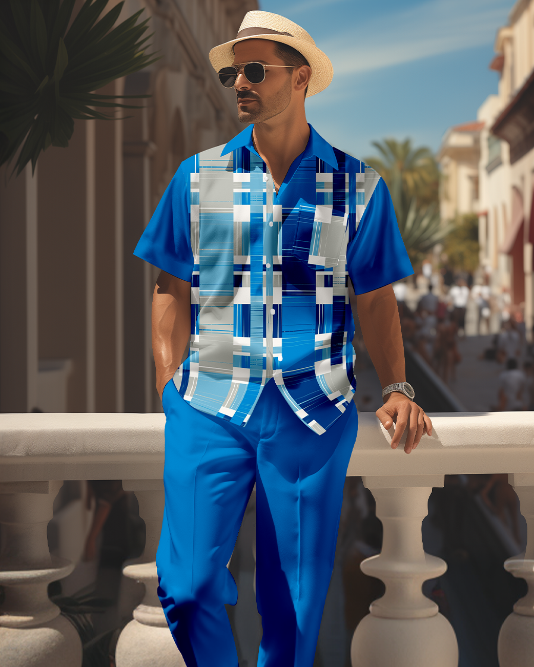 Men's retro colorblock short-sleeved shirt walking Suit 1698