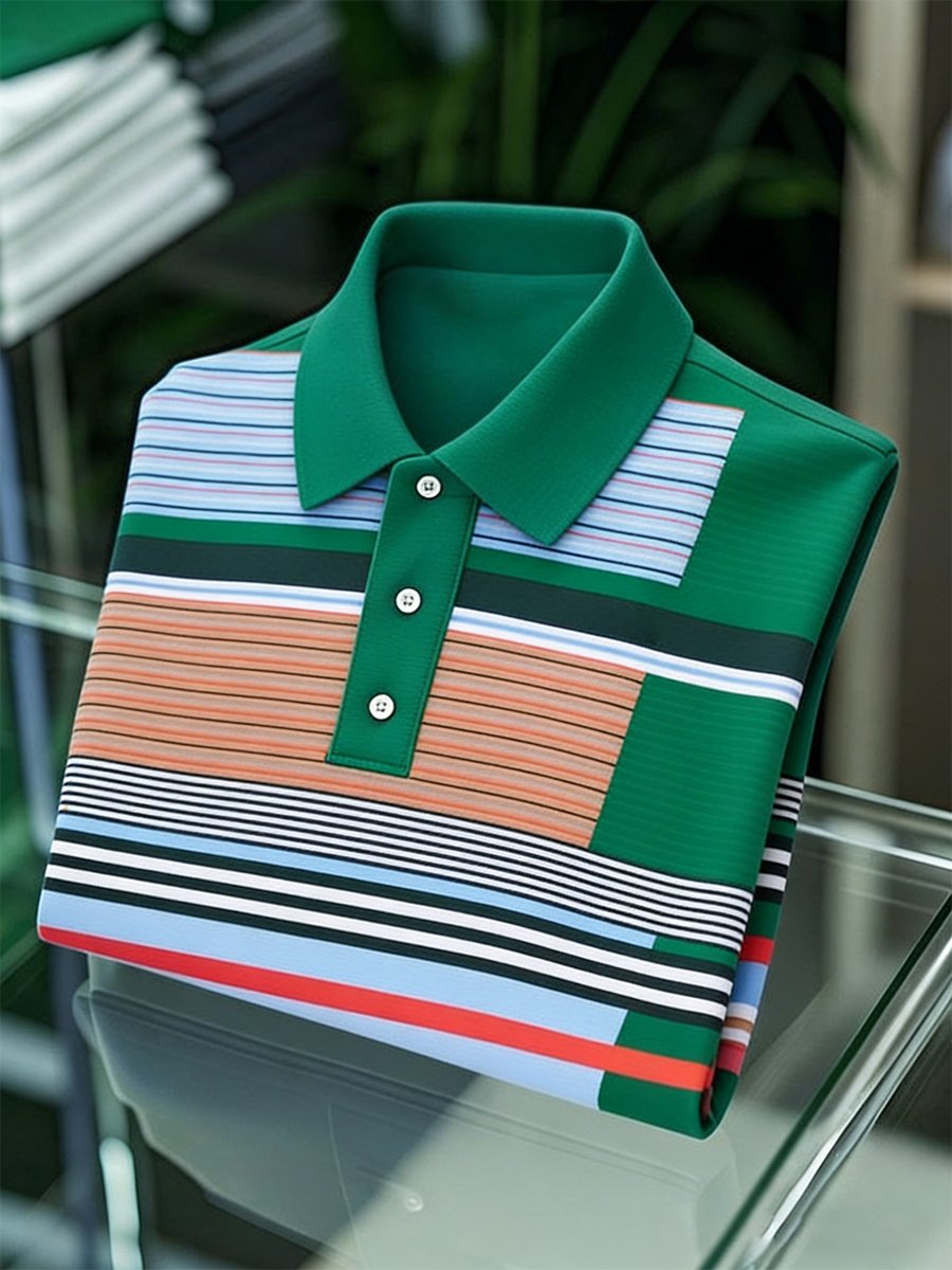 Men's Vintage Business Striped Long Sleeve Polo Shirt
