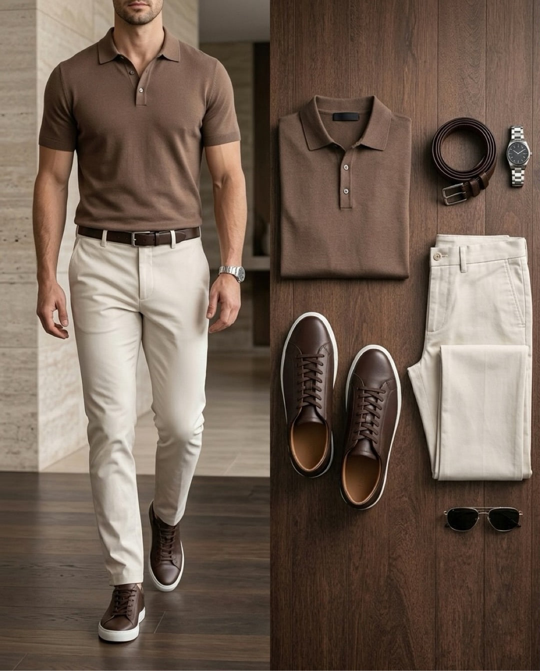 Men's Casual Brown Color Short Sleeves Polo Shirt & Jeans Pants Two Piece Set