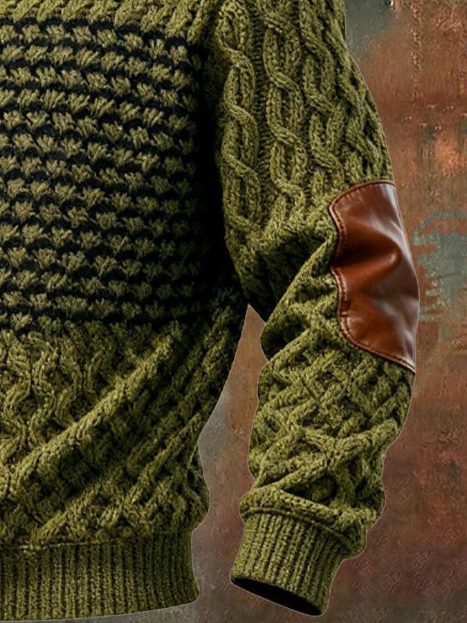 Men's Retro Color Block Print Casual Fur Collar Sweatshirt