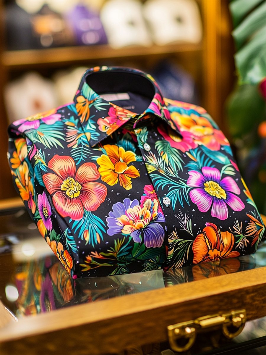 Men's Satin Luxe Hawaiian Print Short Sleeve Button Shirt