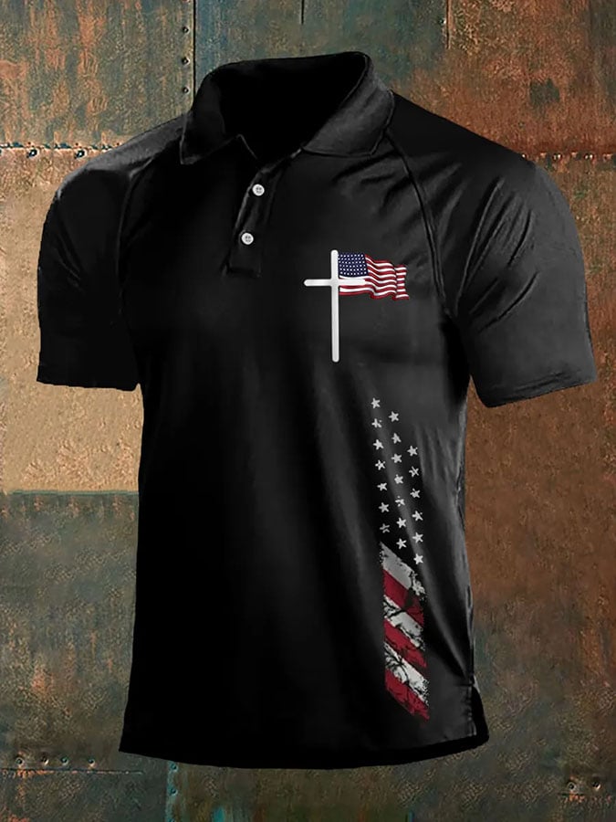 Knitted Men's Vintage American Flag Faith Cross Polo Shirt