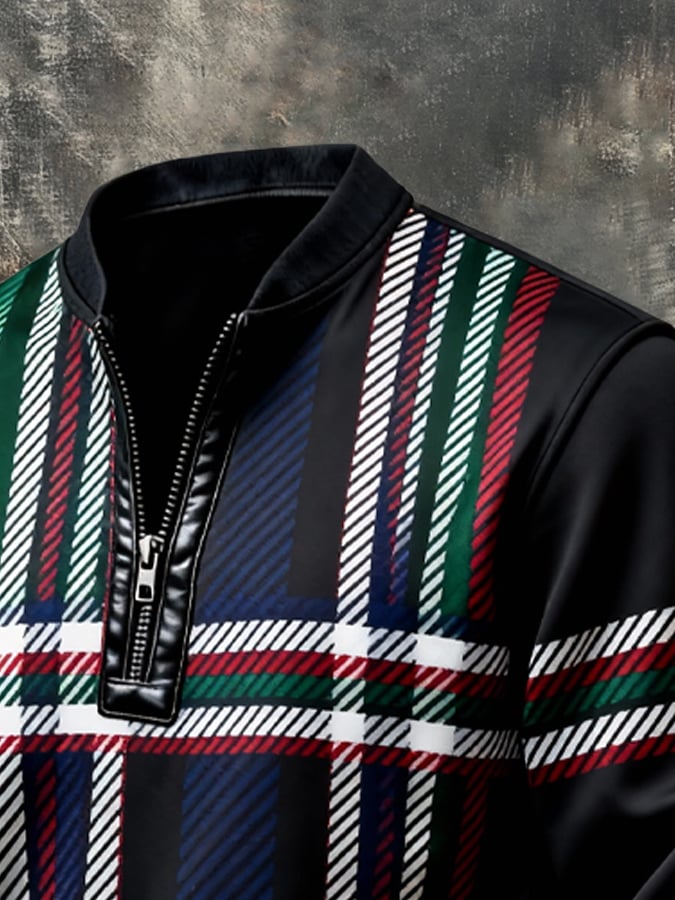 Men's Vintage Color-Block Printed Zip-Up Hoodie