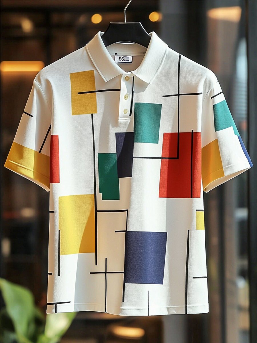 Men's Vintage Casual Bauhaus Geometric Art Button Short Sleeve Polo Shirt