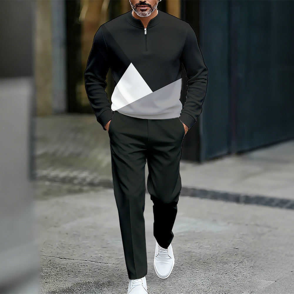 Men's Casual Color Matching Printed Round-Neck Zipper Long Sleeved Trousers Two-Piece Set