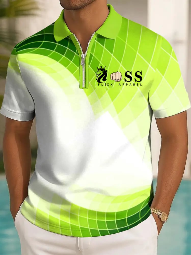 Men's Retro Letter Design Printed Casual Zipper Polo Shirt