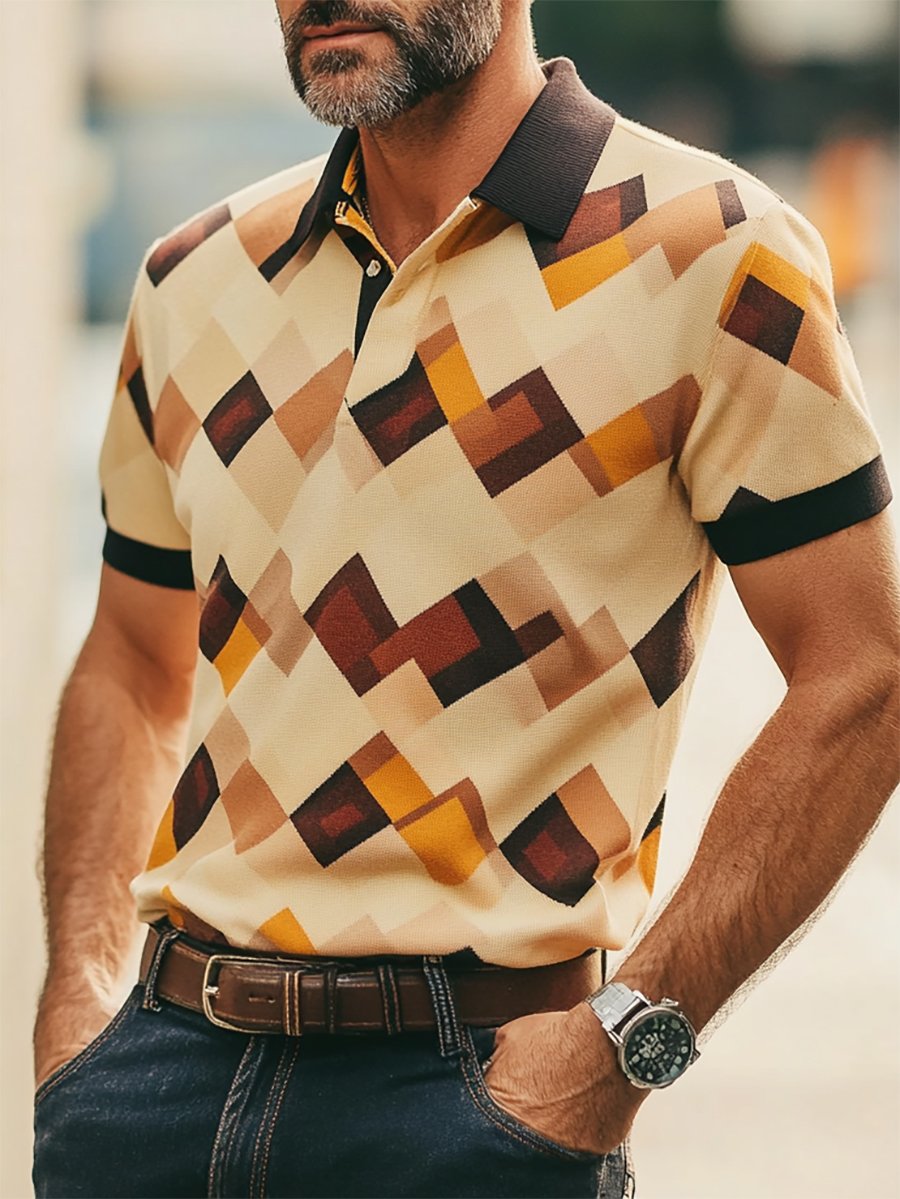 Men's Casual Business Geometric Print Button-Down Short Sleeve Polo Shirt