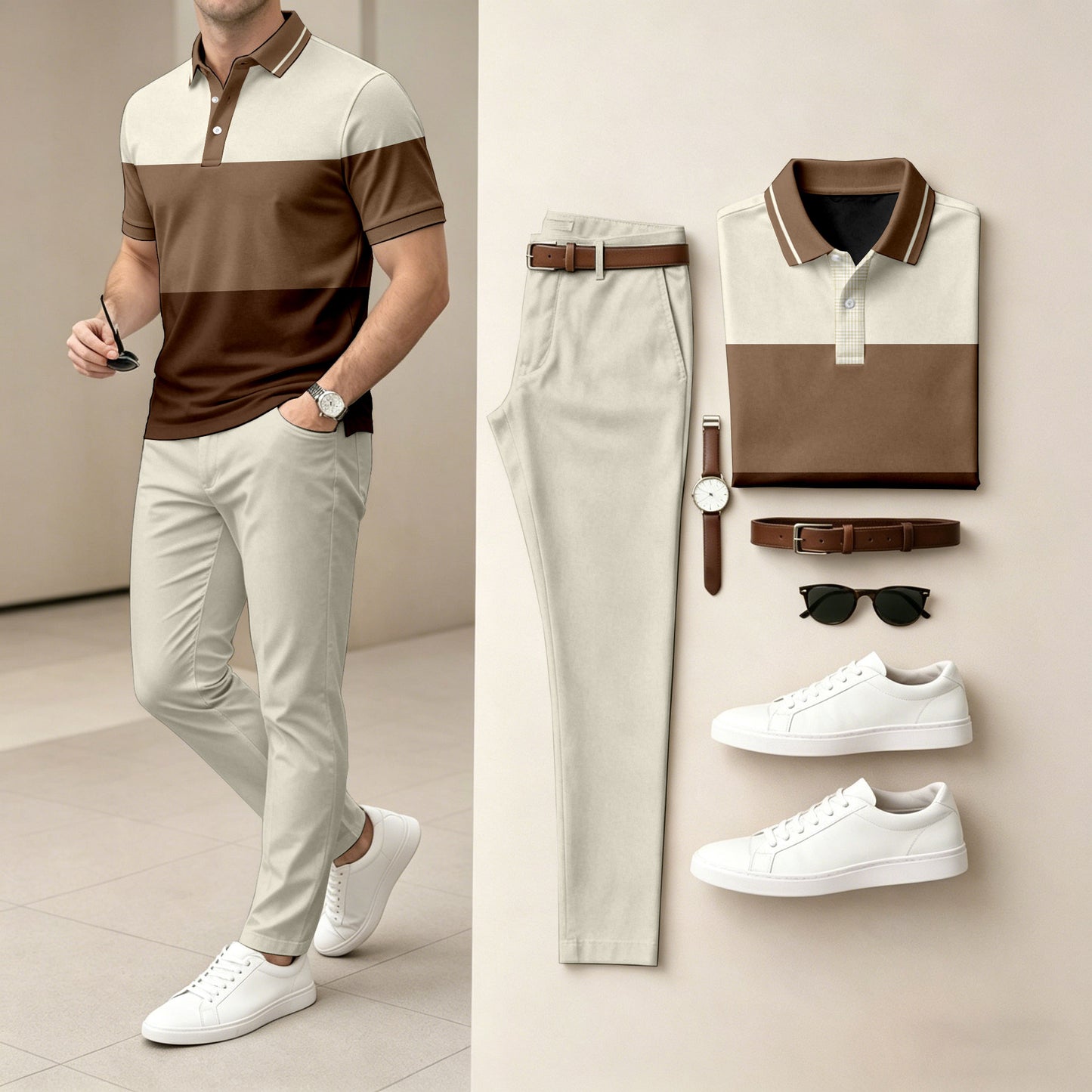 Men's Two-Piece Set: Color-Blocked Short-Sleeve Polo Shirt and Pants