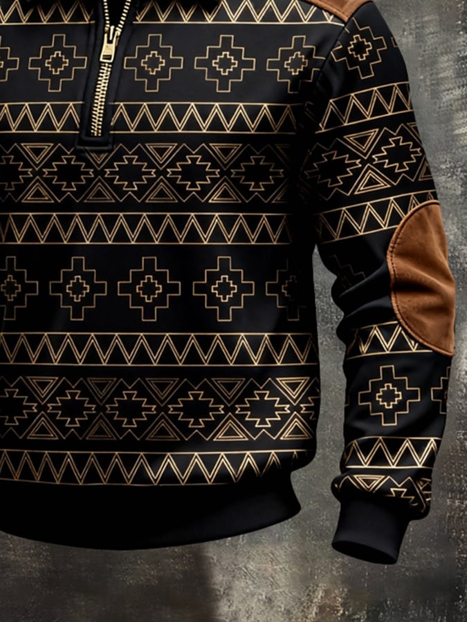 Men's Retro Color Block Print Color-Blocked Zip-Up Sweatshirt