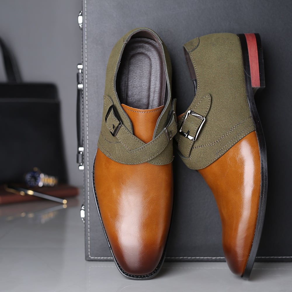 Trendy Color Matching Double Buckle Slip-On British Style Men'S Shoes