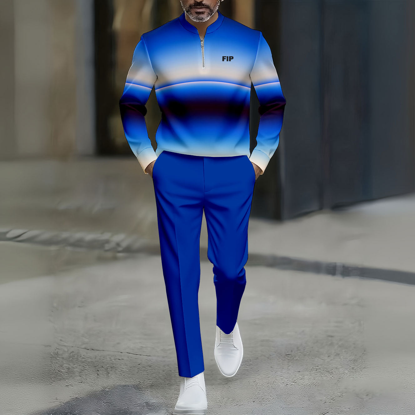 Men's Casual Blue Gradient Color Matching Striped Printed Round-Neck Zipper Long Sleeved Trousers Two-Piece Set