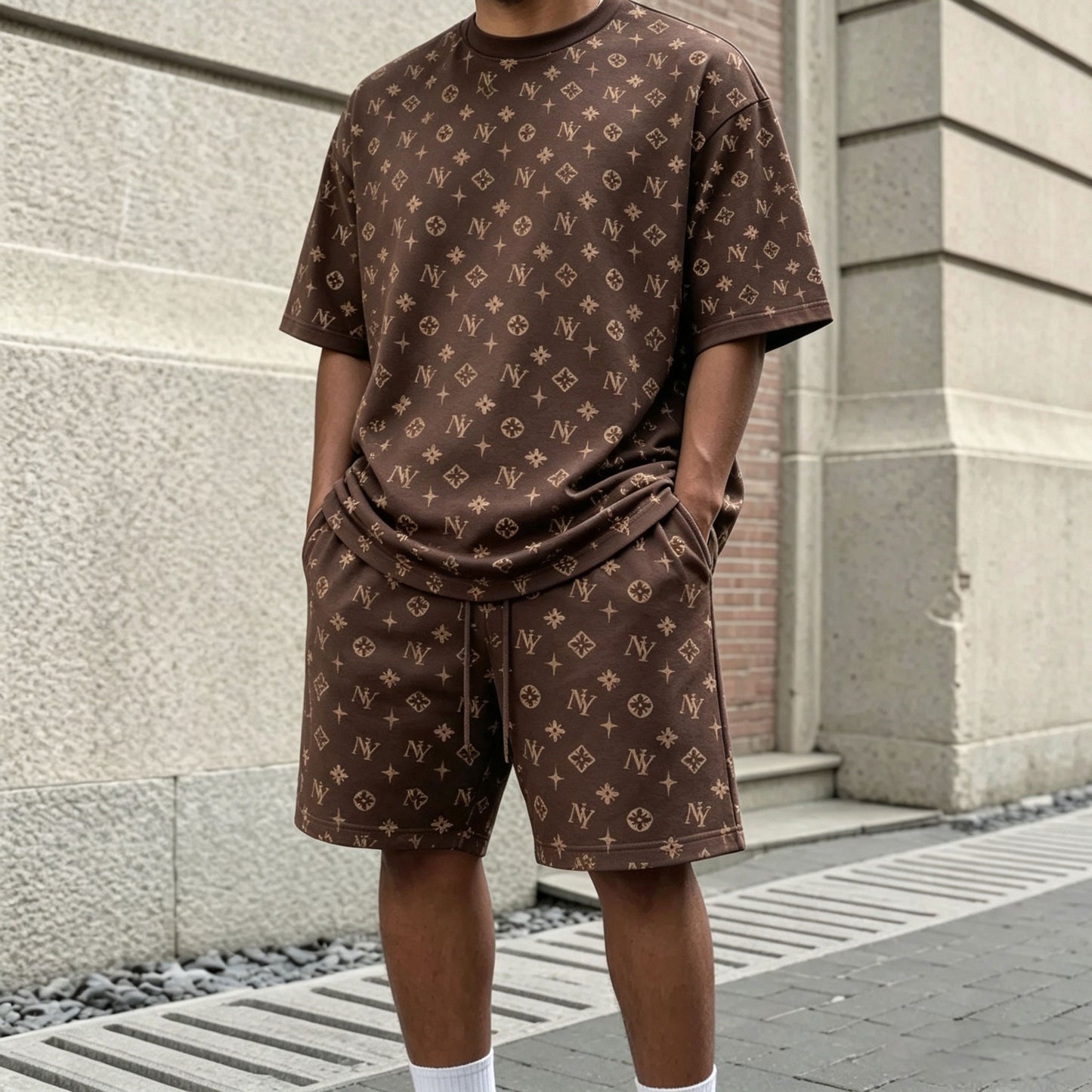 Men's Casual Vintage-Print Round-Neck Short-Sleeve T-Shirt and Shorts Two-Piece Set