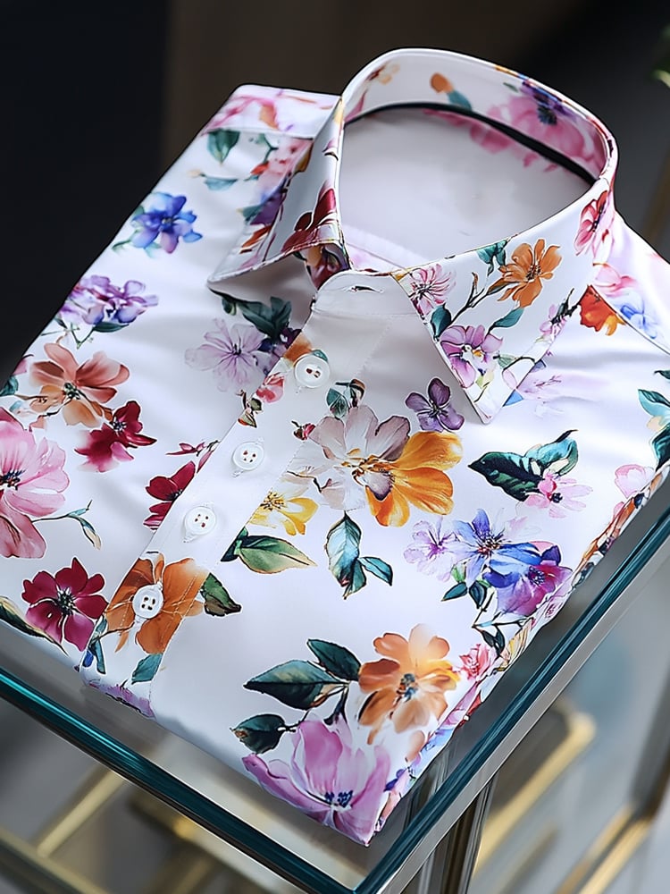 Men's Satin Luxe Hawaiian All Over Light Floral Short Sleeve Button Shirt