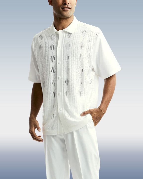 Rianmond Men's White Textured Knit Short Sleeve Walking Suit 001