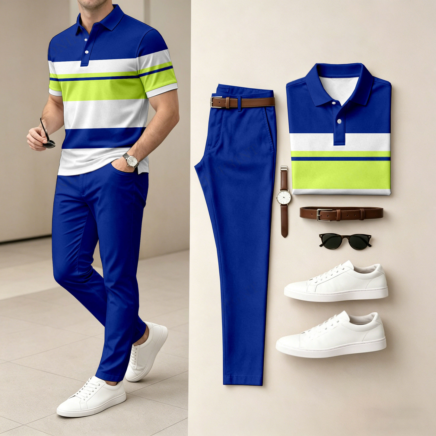 Men's Casual Striped Contrasting Printed Polo Shirt And Pants Two-Piece Set