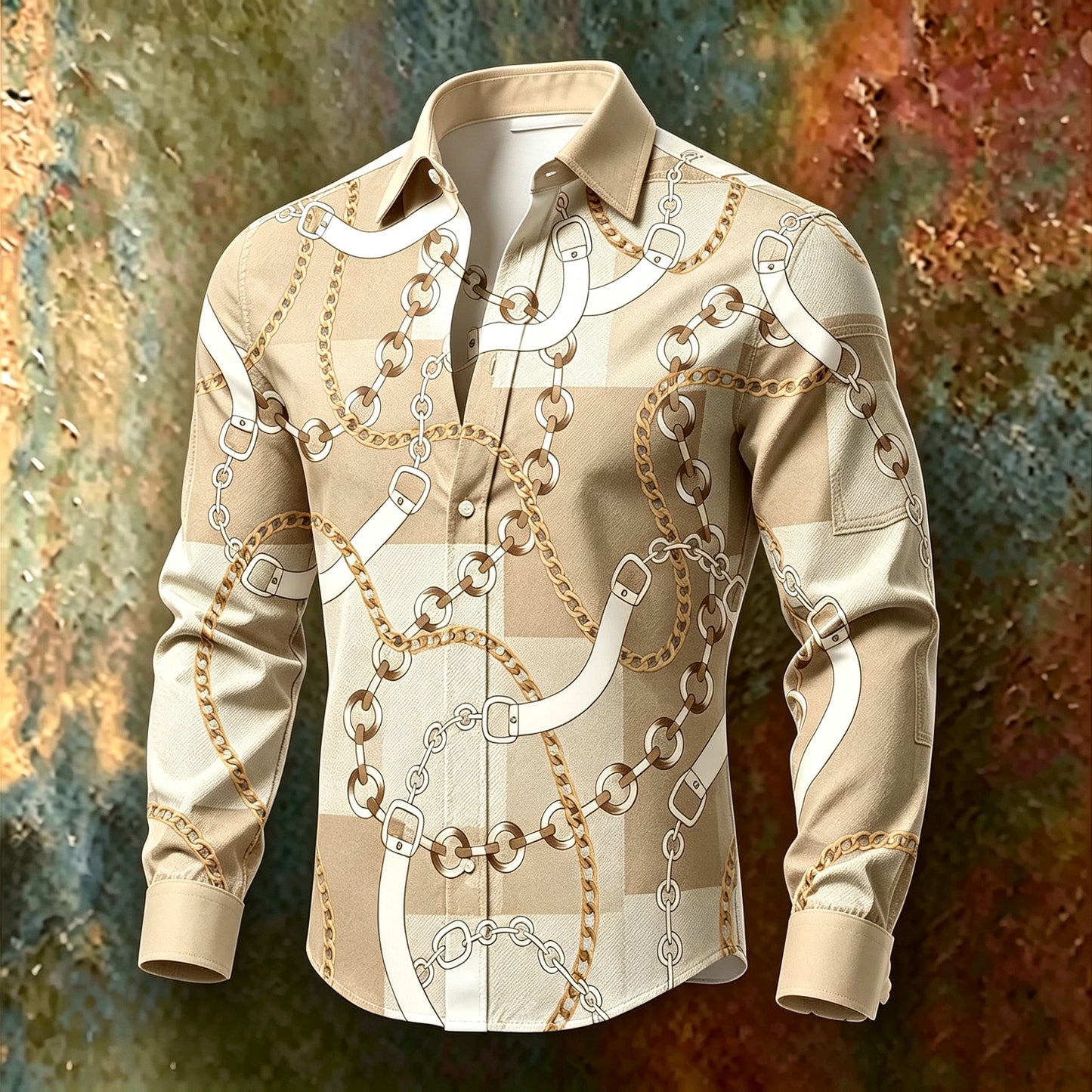 Men's Gold-Chain Print Long-Sleeve Shirt