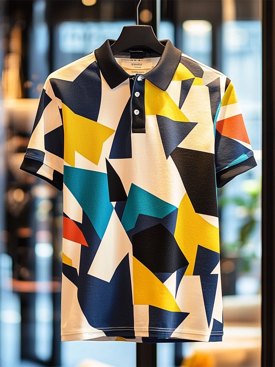 Men's Business Casual Bauhaus Style Button Short Sleeve Polo Shirt