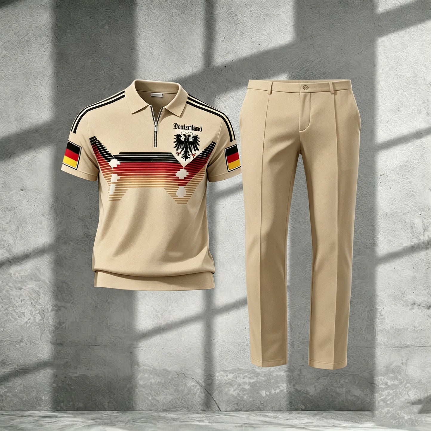Men's Casual Khaki Printed Polo Short-Sleeve T-Shirt And Pants Two-Piece Set