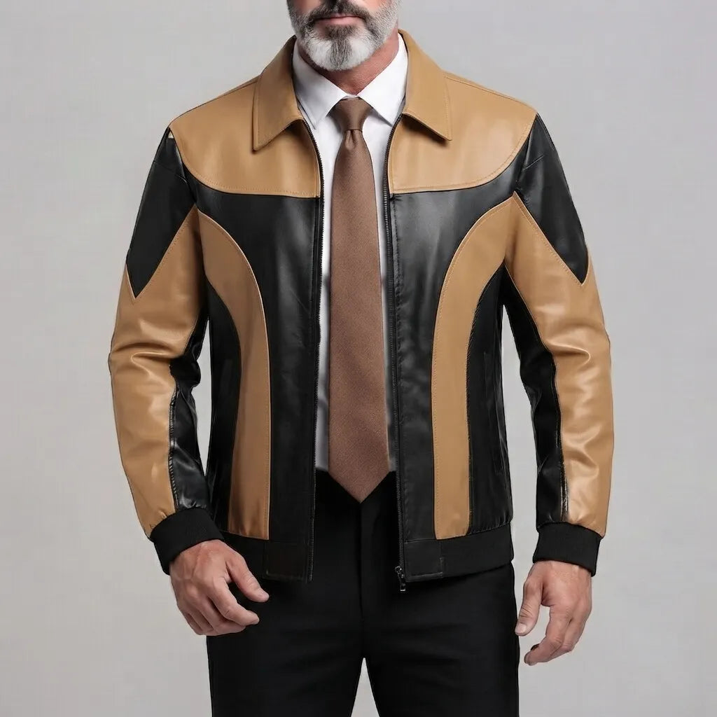 Men's Navy Blue PU Leather Colorblock Turndown Collar Zip-Up Jacket