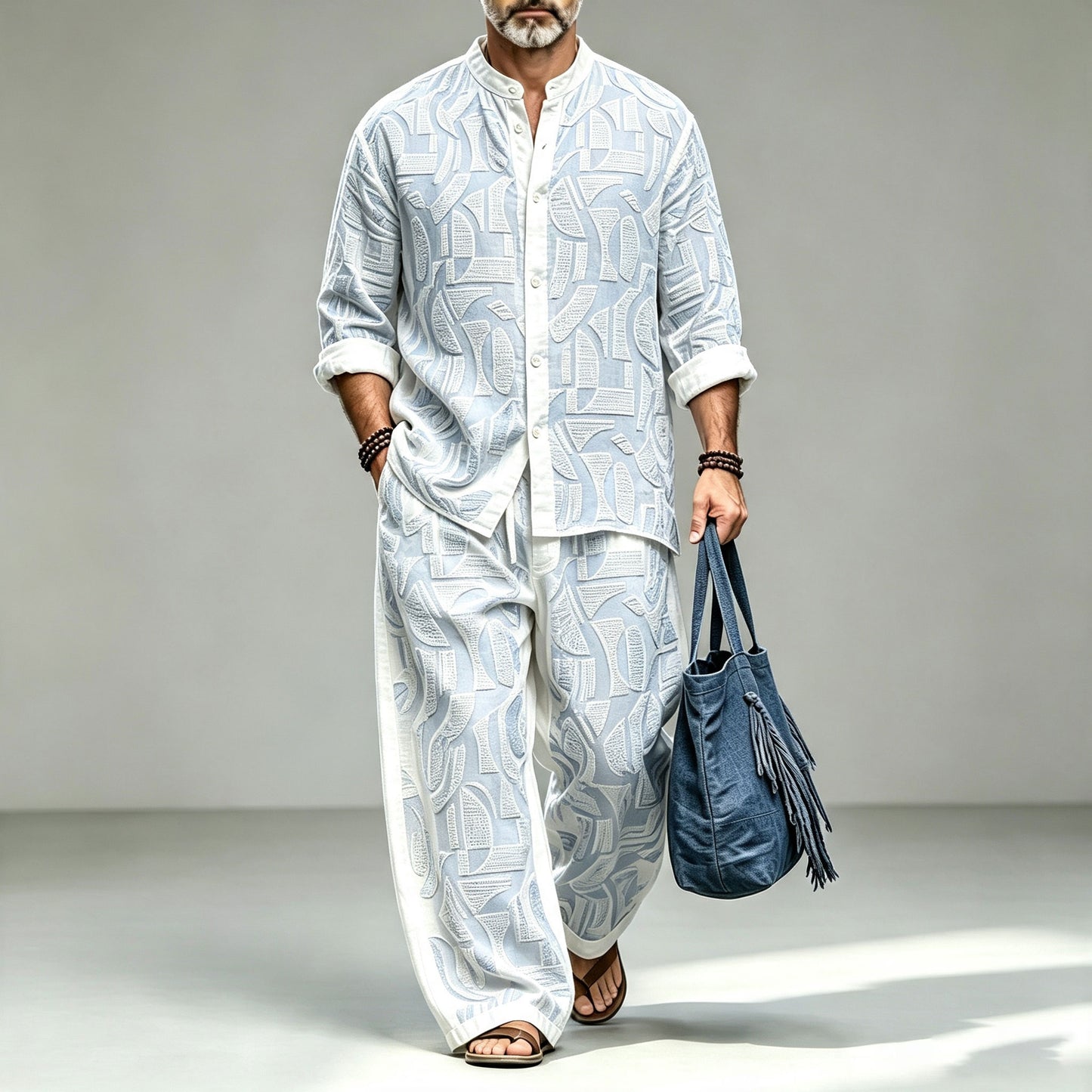 Men's Geometric Print Stand-Collar Long-Sleeve Shirt and Pants Set
