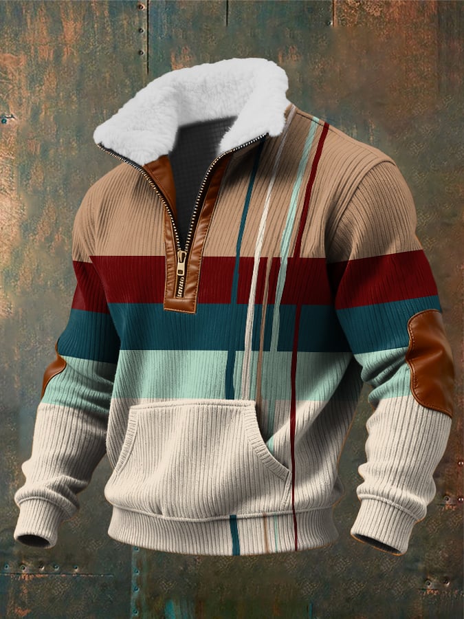 Men's Retro Abstract Art Print Zippered Fur Collar Pocket Patchwork Long-Sleeved Sweatshirt