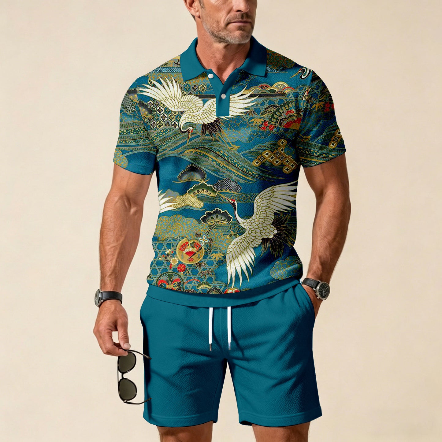Men's Casual Dark Green Crane Color Matching Printed Short Sleeved Zipper Polo Shirt & Shorts Two-Piece Set