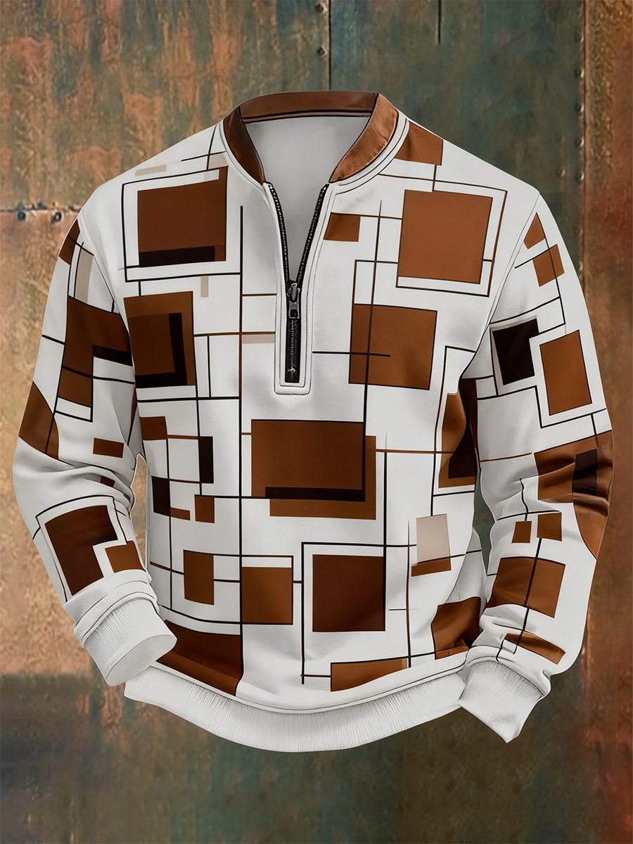 Men's Retro Bauhaus Geometric Style Print Quarter Zip Sweatshirt
