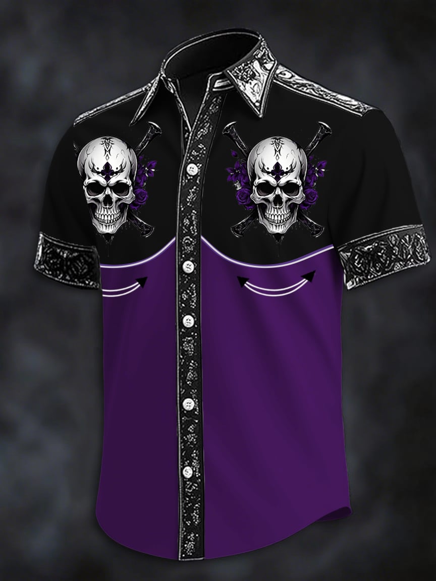 Men's Dark Skull Print Casual Short Sleeve Shirt