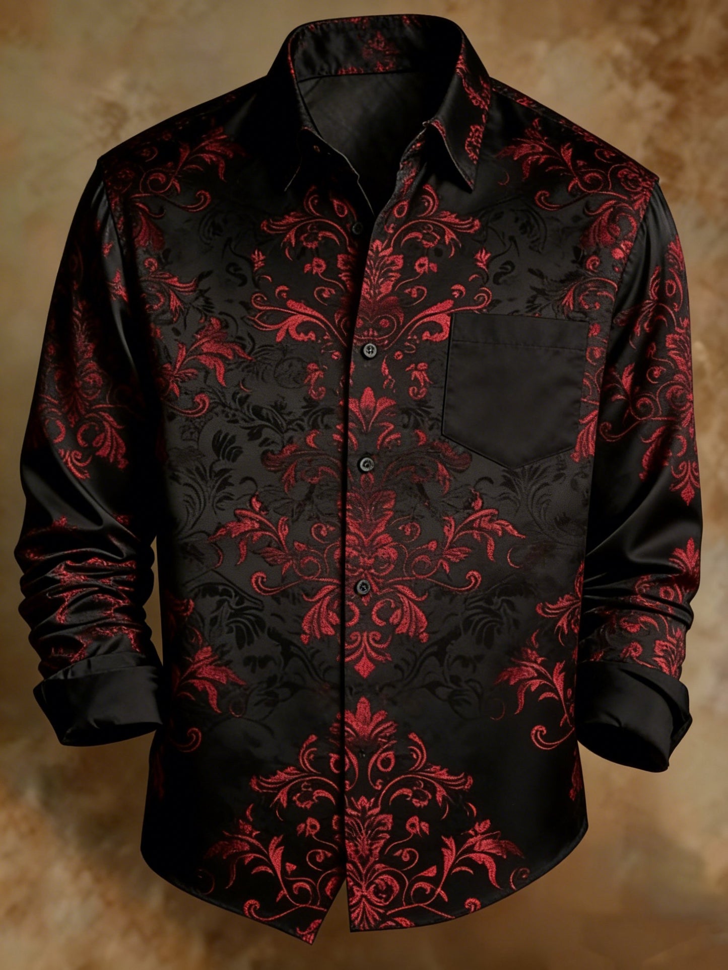 Vintage Style Black Red Baroque Shirt Men's Satin Jacquard Button-Down Shirt