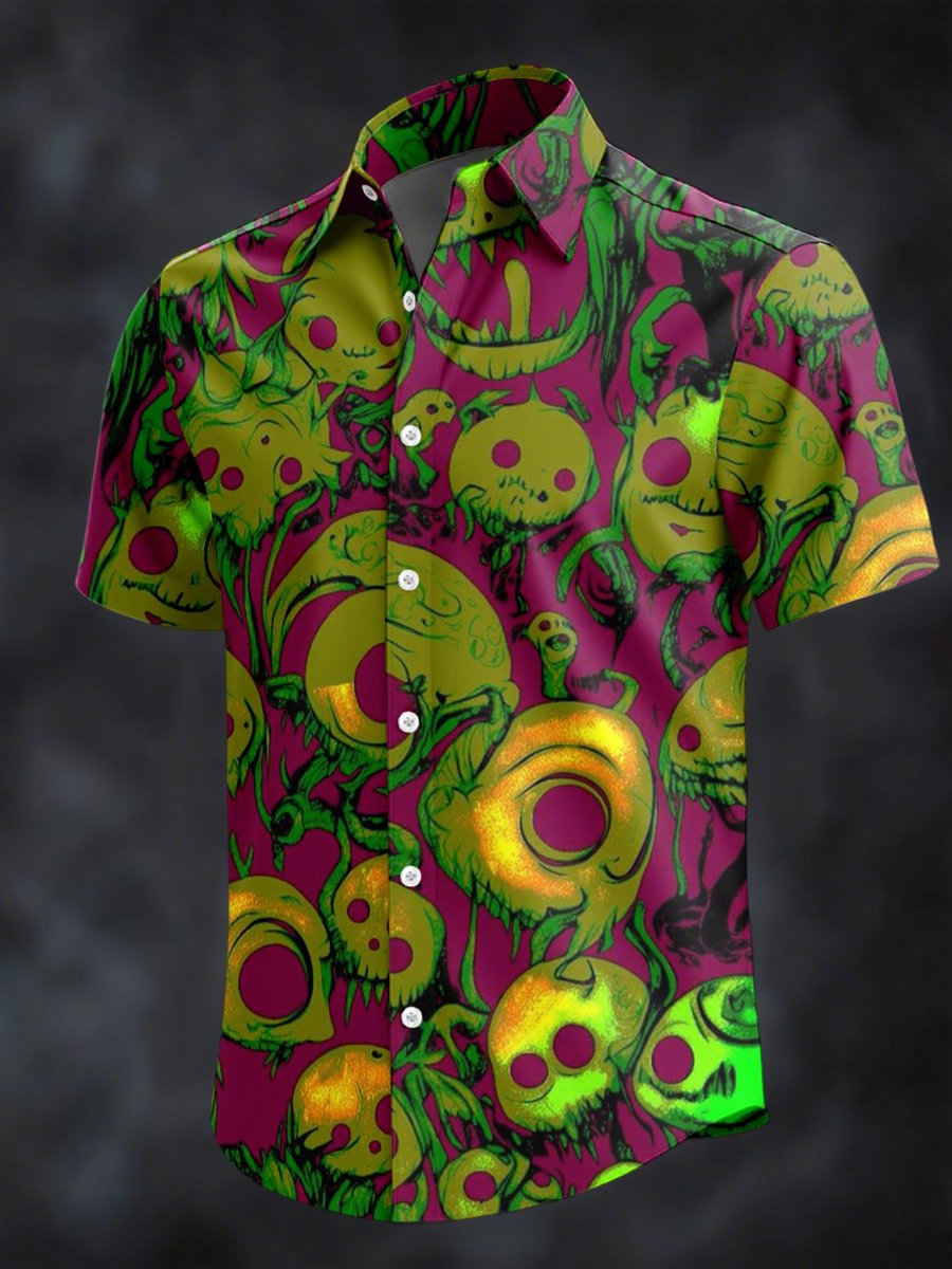 Men's Retro Horror Skull Print Lapel Short Sleeve Shirt