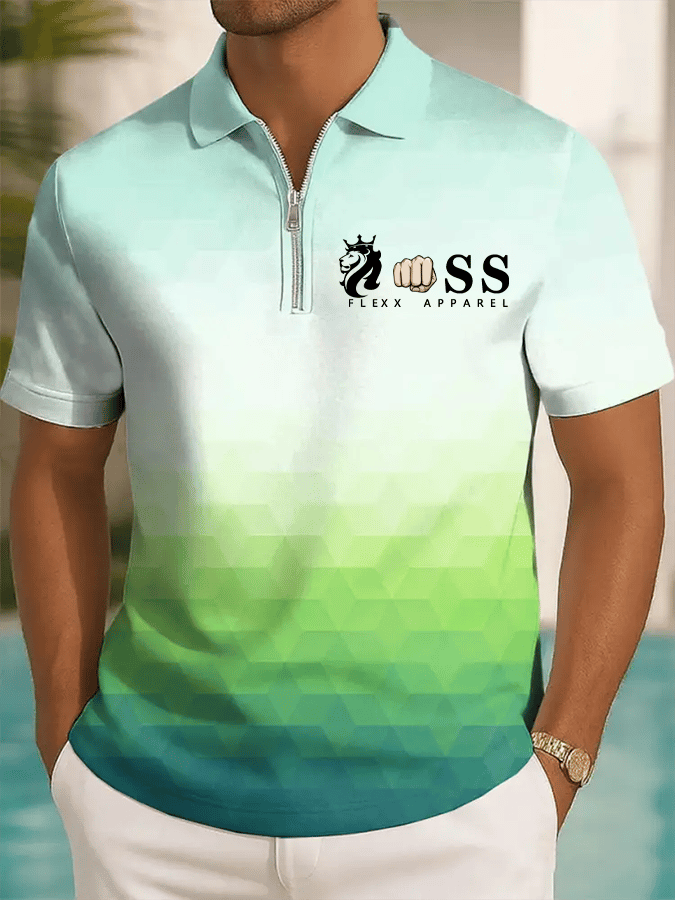 Men's Retro Letter Design Printed Casual Zipper Polo Shirt