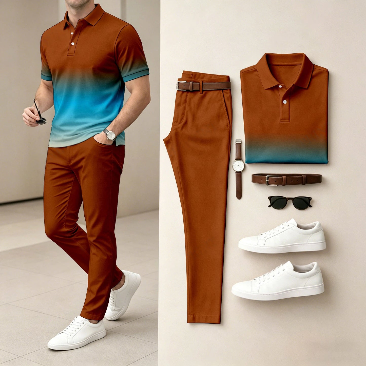 Men's Ombré Color Short-Sleeve Polo Shirt and Pants Two-Piece Set