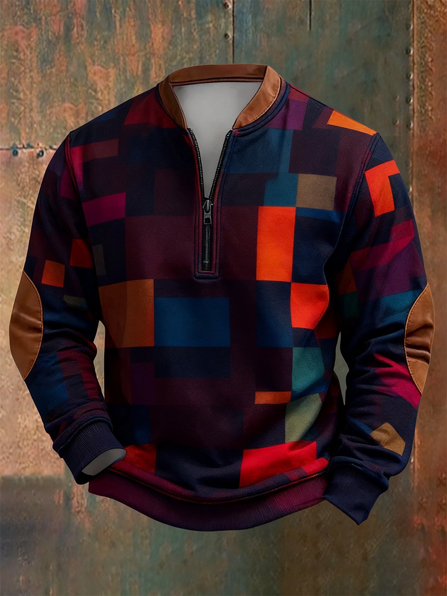 Men's Retro Bauhaus Geometric Style Print Quarter Zip Sweatshirt