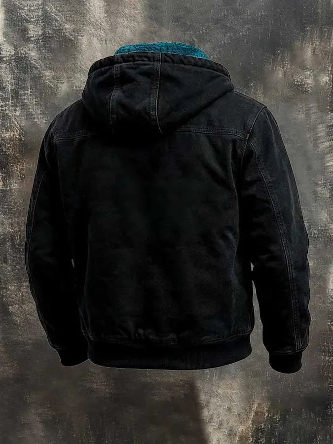 Men's Retro Color-Block Fleece-Lined Warm Hooded Utility Jacket