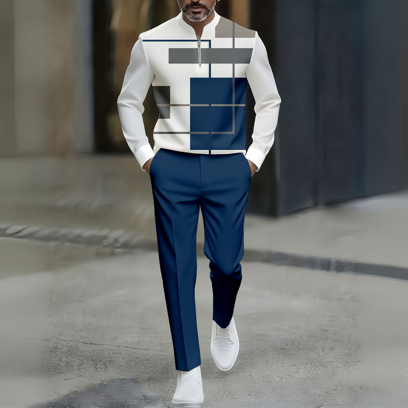 Men's Casual Geometric Print Polo Collar Zipper Long Sleeve Pants Two-Piece Set