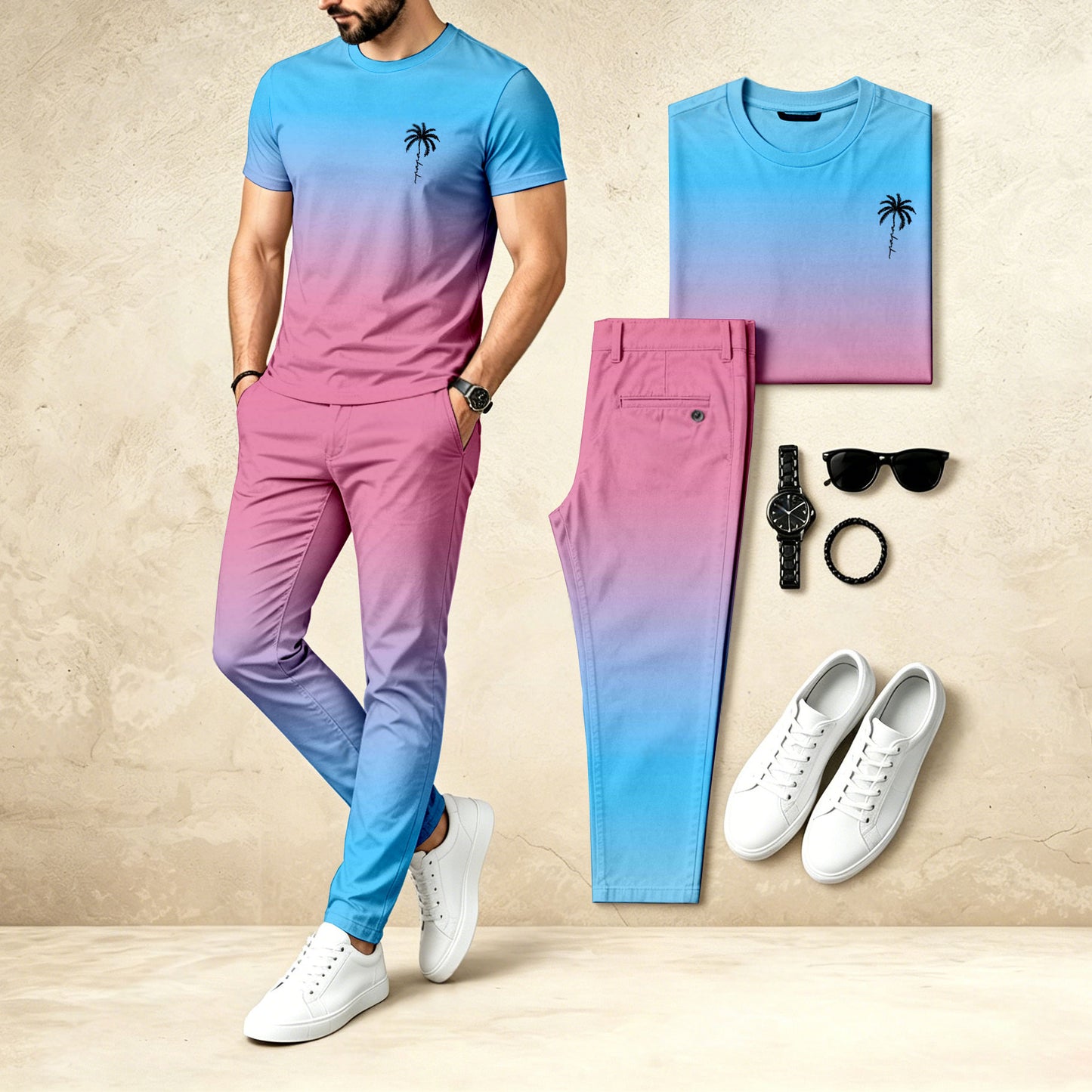Men's Casual Two-Piece Set: Blue-Pink Gradient Printed Crew Neck Short-Sleeve Top & Long Pants