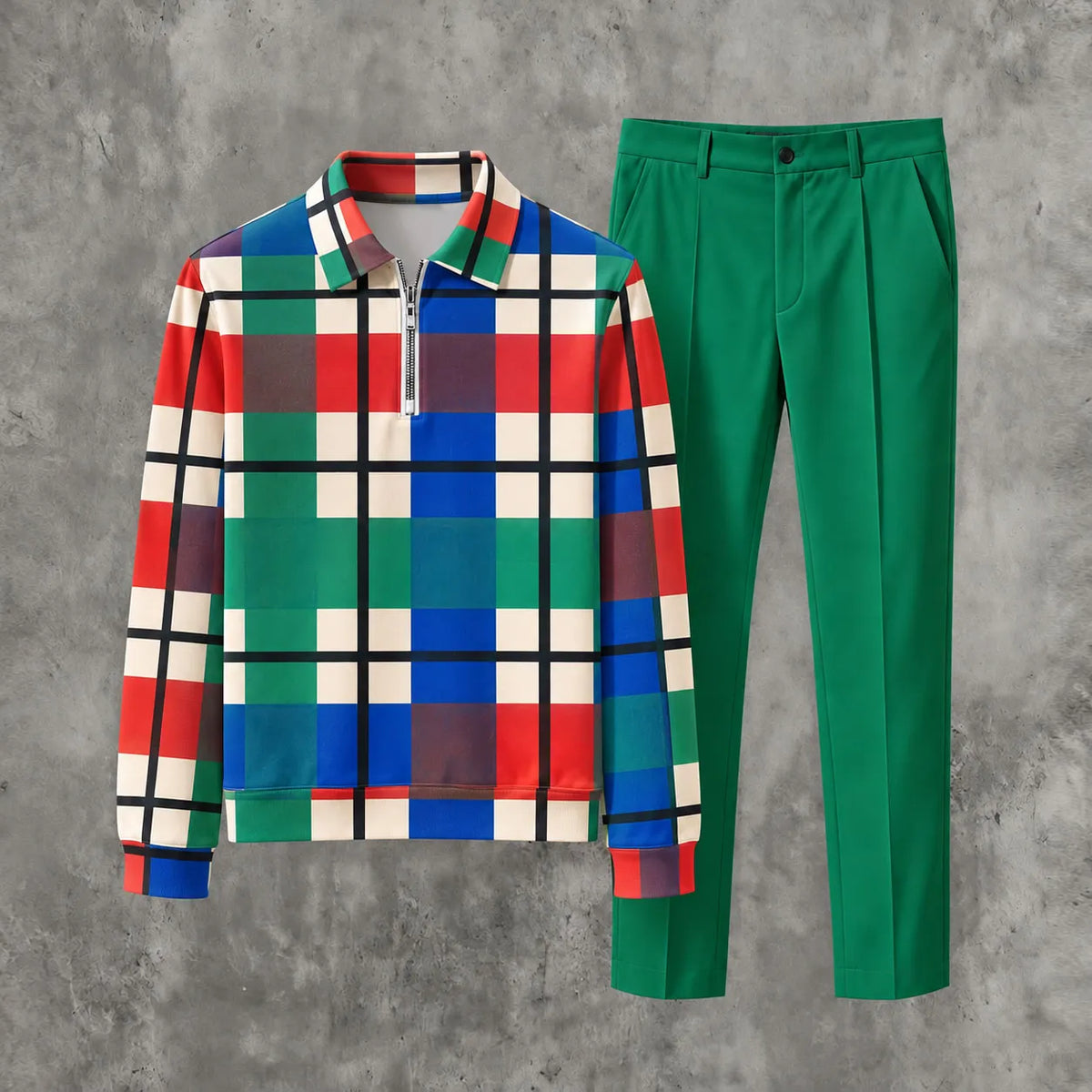 Men's Printed Zipper Polo Shirt and Pants Set